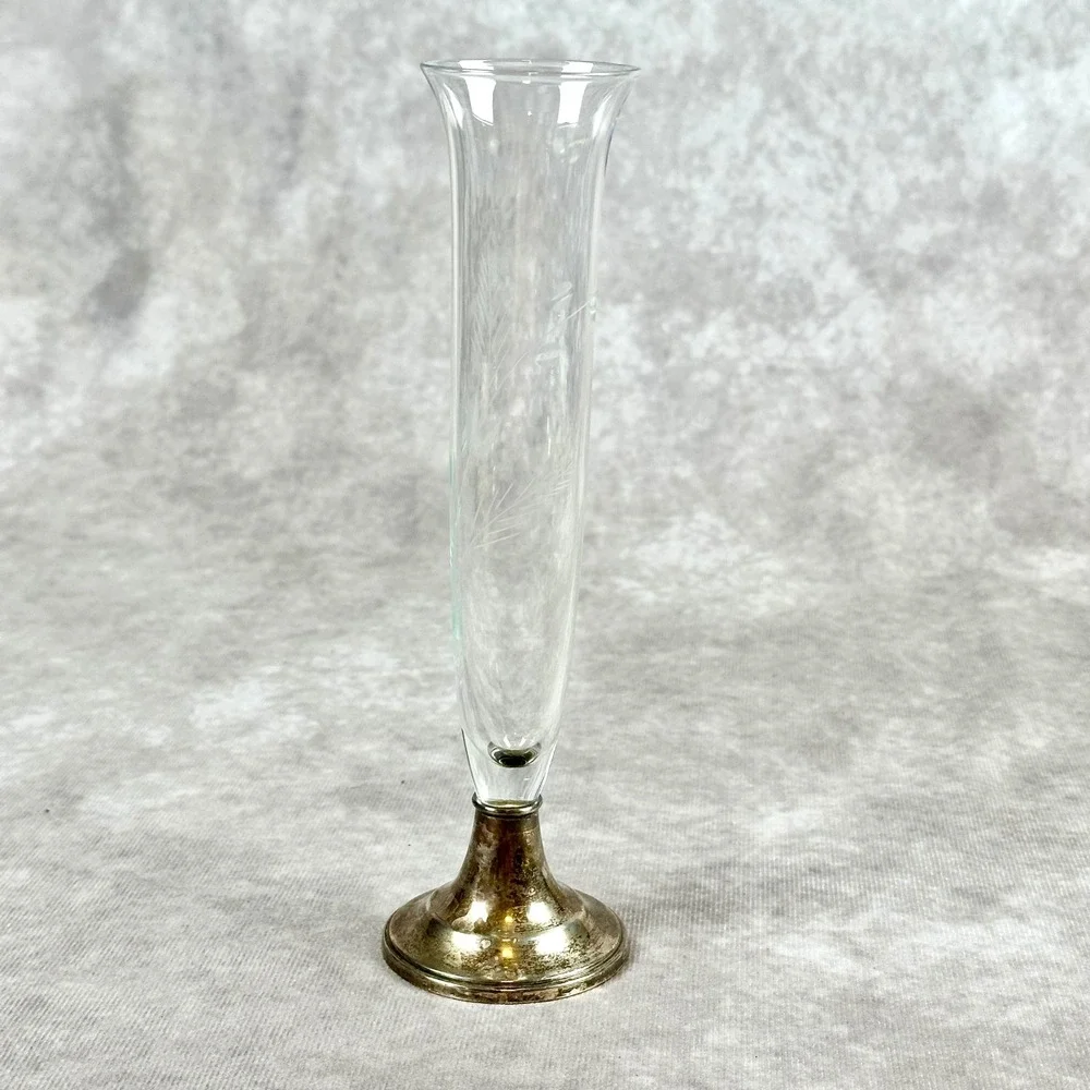 Alvin Sterling Silver Glass Bud Vase Etched Floral Design Cement Filled Base